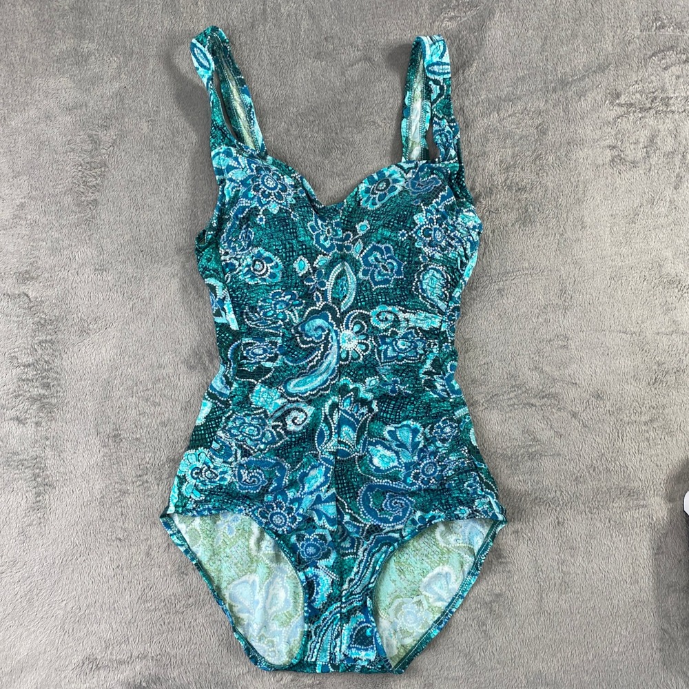 Maxine Swimsuit‎ Women 10 Teal Paisley Floral One Piece Tummy Control V-Neck
